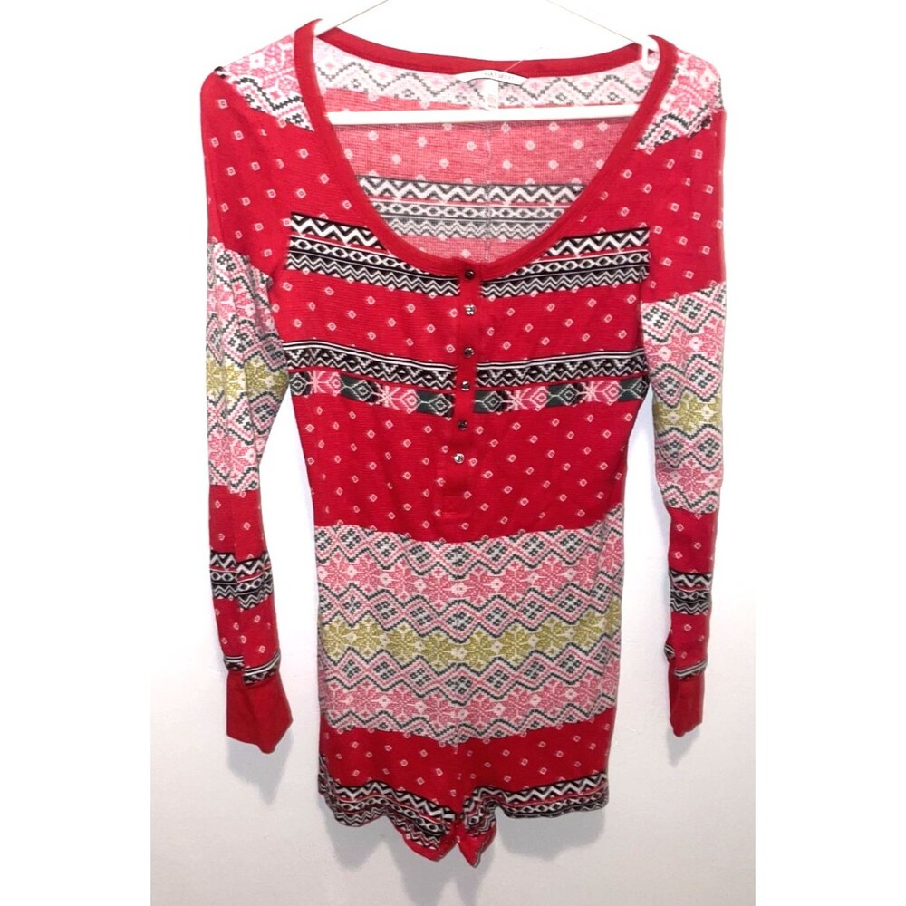 Victoria Secret Thermal Pajama Romper Fair Isle Women's M Red Holiday One piece